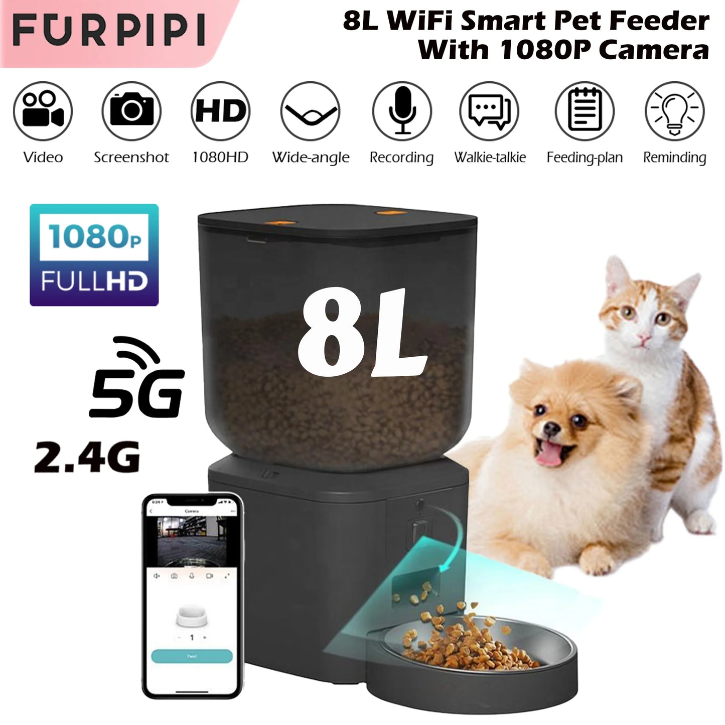 8L Automatic Cat Feeder with 1080P Camera Video 5G Wifi Cat Food Dispenser Pet Smart Voice Recorder Tuya APP Pet Auto Feeder