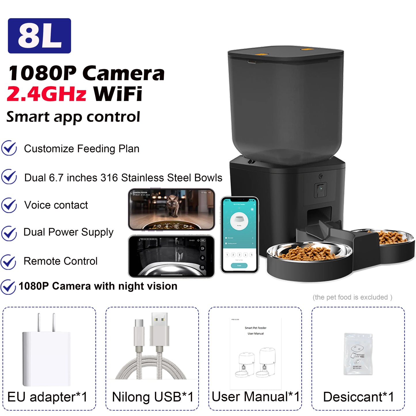 8L Automatic Cat Feeder with 1080P Camera Video 5G Wifi Cat Food Dispenser Pet Smart Voice Recorder Tuya APP Pet Auto Feeder