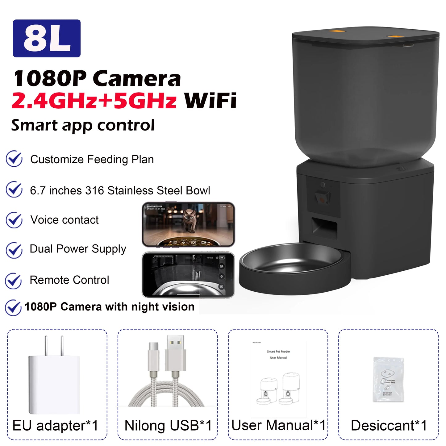 8L Automatic Cat Feeder with 1080P Camera Video 5G Wifi Cat Food Dispenser Pet Smart Voice Recorder Tuya APP Pet Auto Feeder